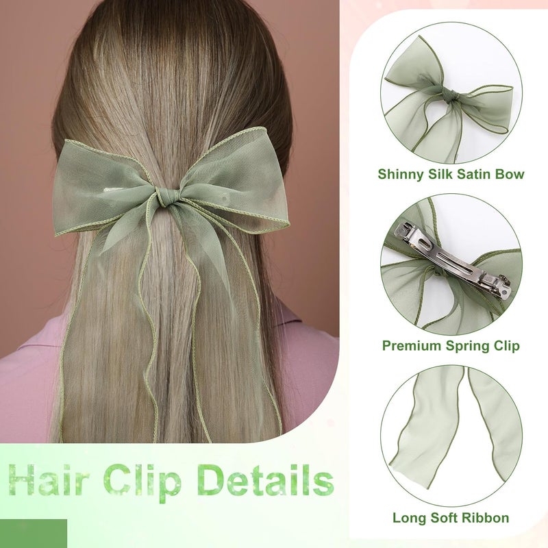 STSTR 2Pcs Large Hair Bow Clips, Green Silk Yarn Ribbon Bow Hair Barrette for Women, Elegant Long Tail Bowknot French Hair Accessories for Wedding, Parties, Festivals - Style 4 - Image 4